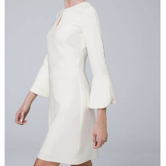 NEW WHBM PETAL-SLEEVE SHIFT DRESS IVORY KEYHOLE LINED WOMENS SIZE 10 $175 - Picture 5 of 9